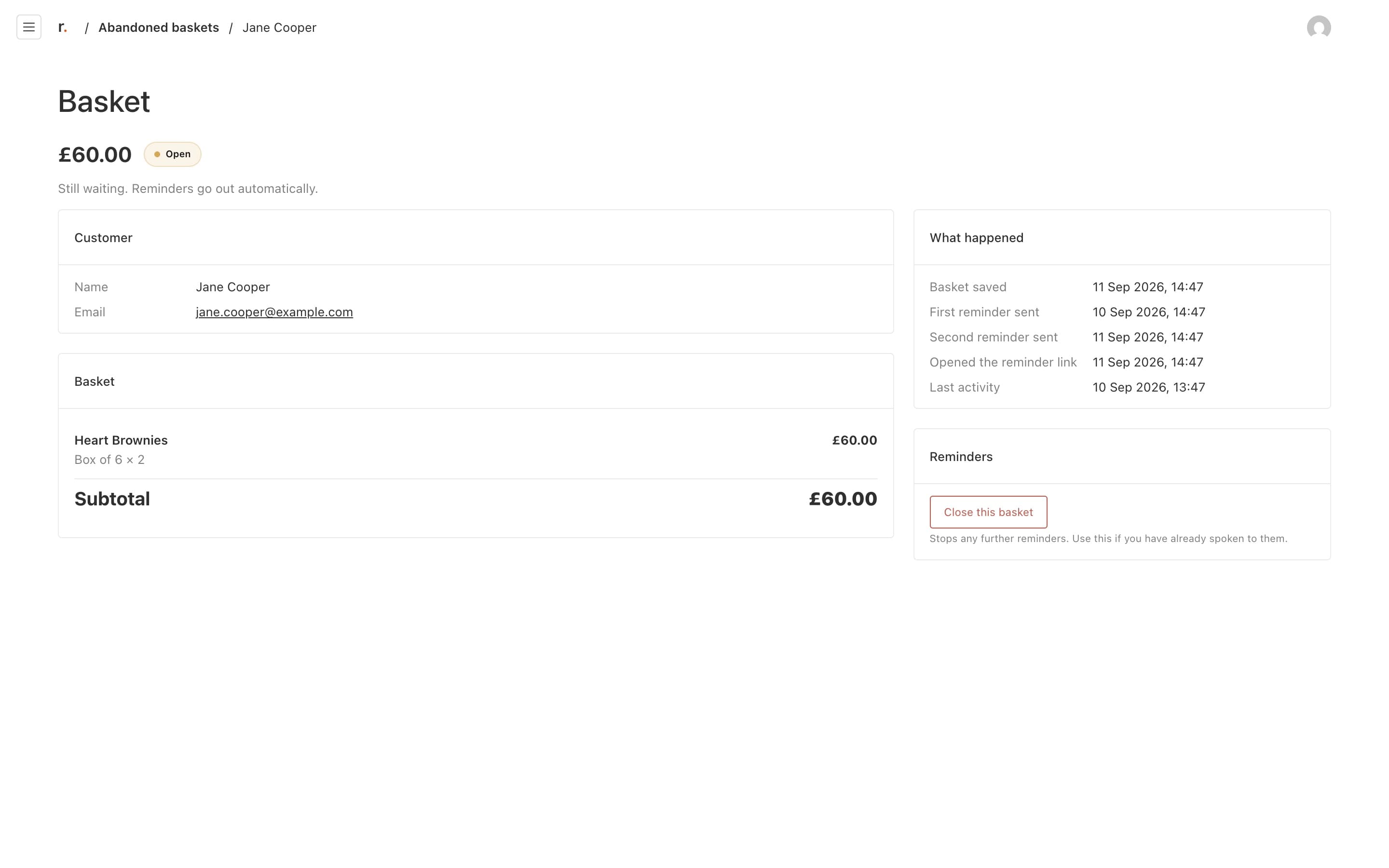 A saved basket in the web admin, with the reminders that were sent
