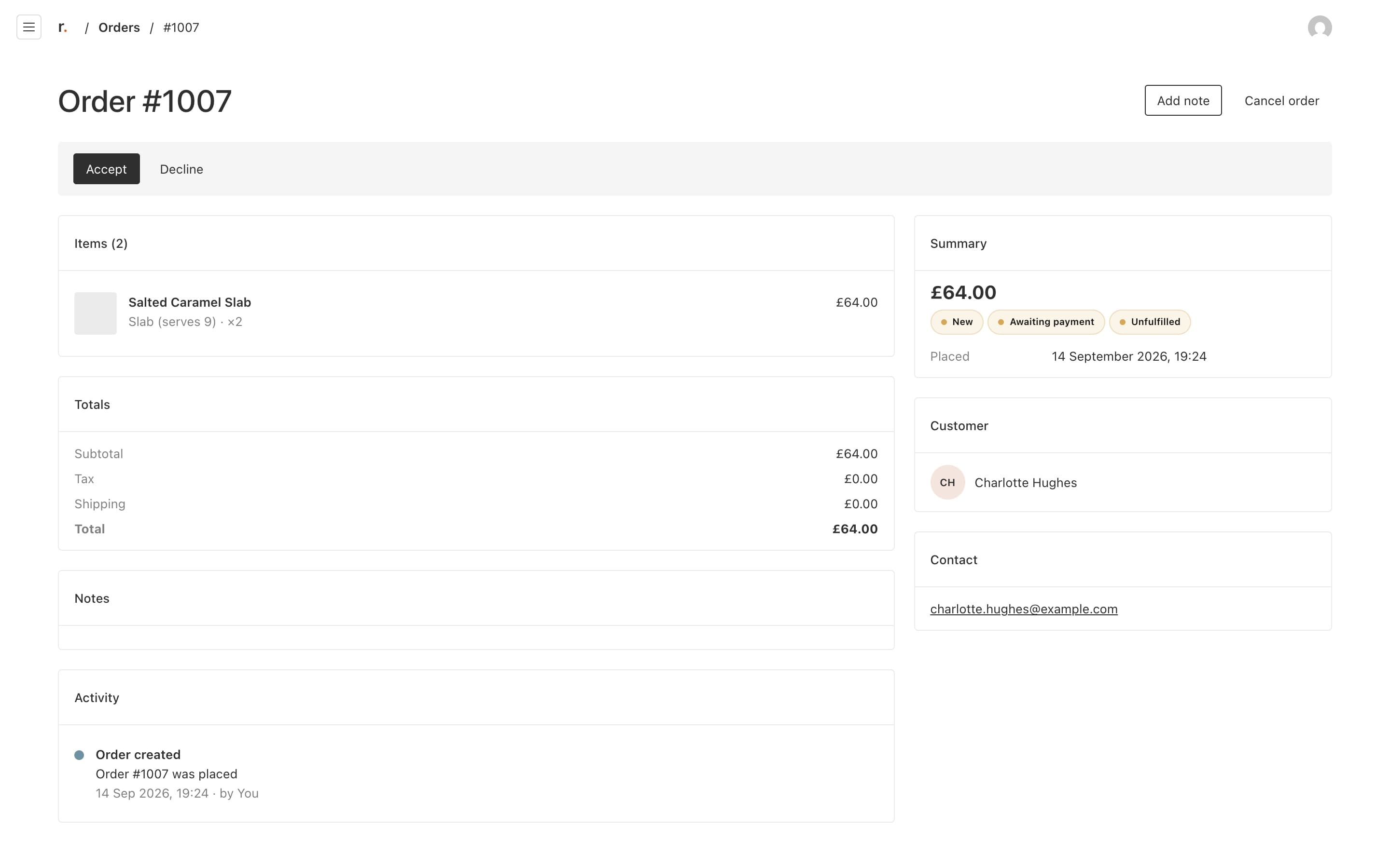 An order waiting for approval in the russle. Commerce web admin