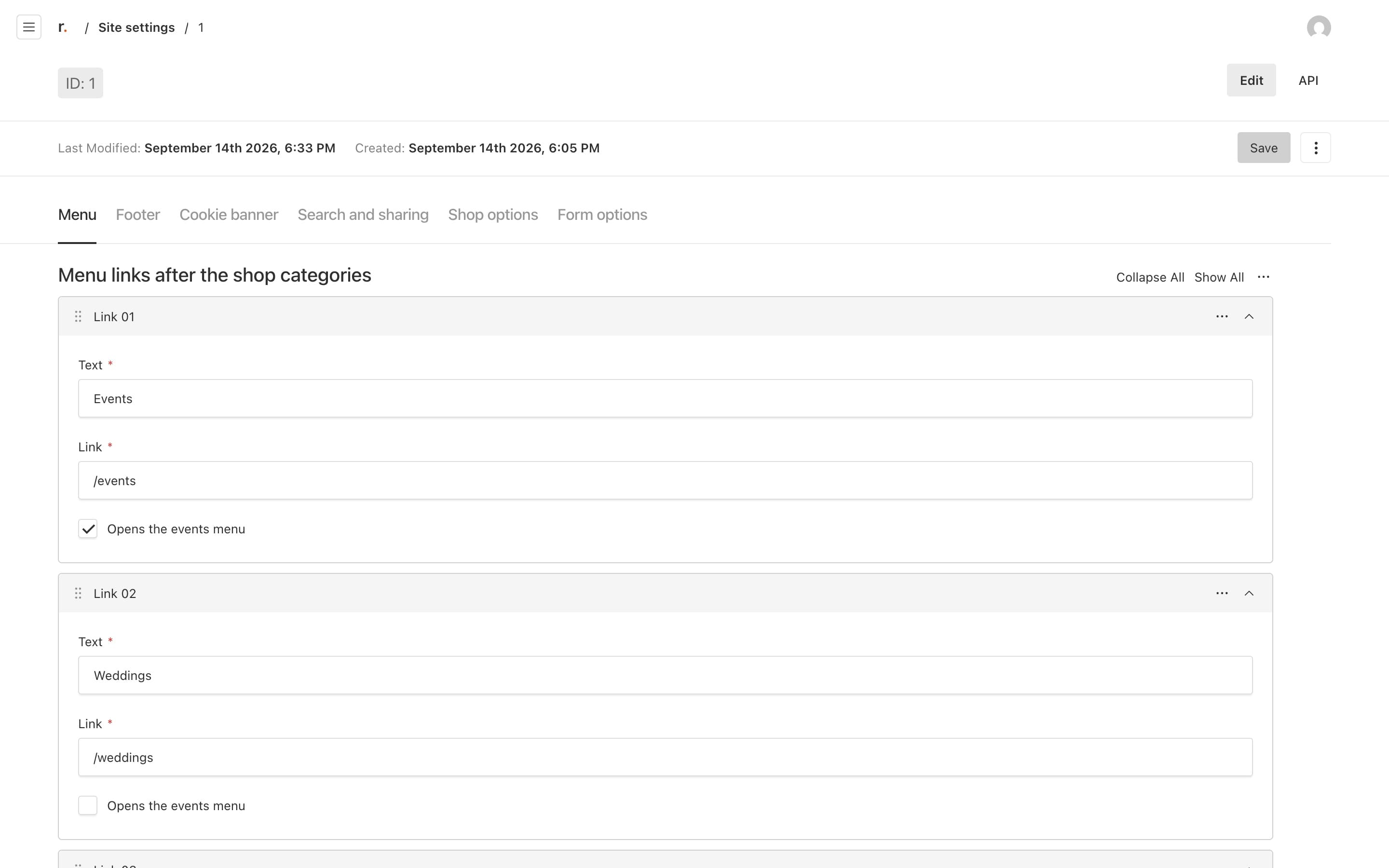 Editing the site menu in the russle. Commerce web admin