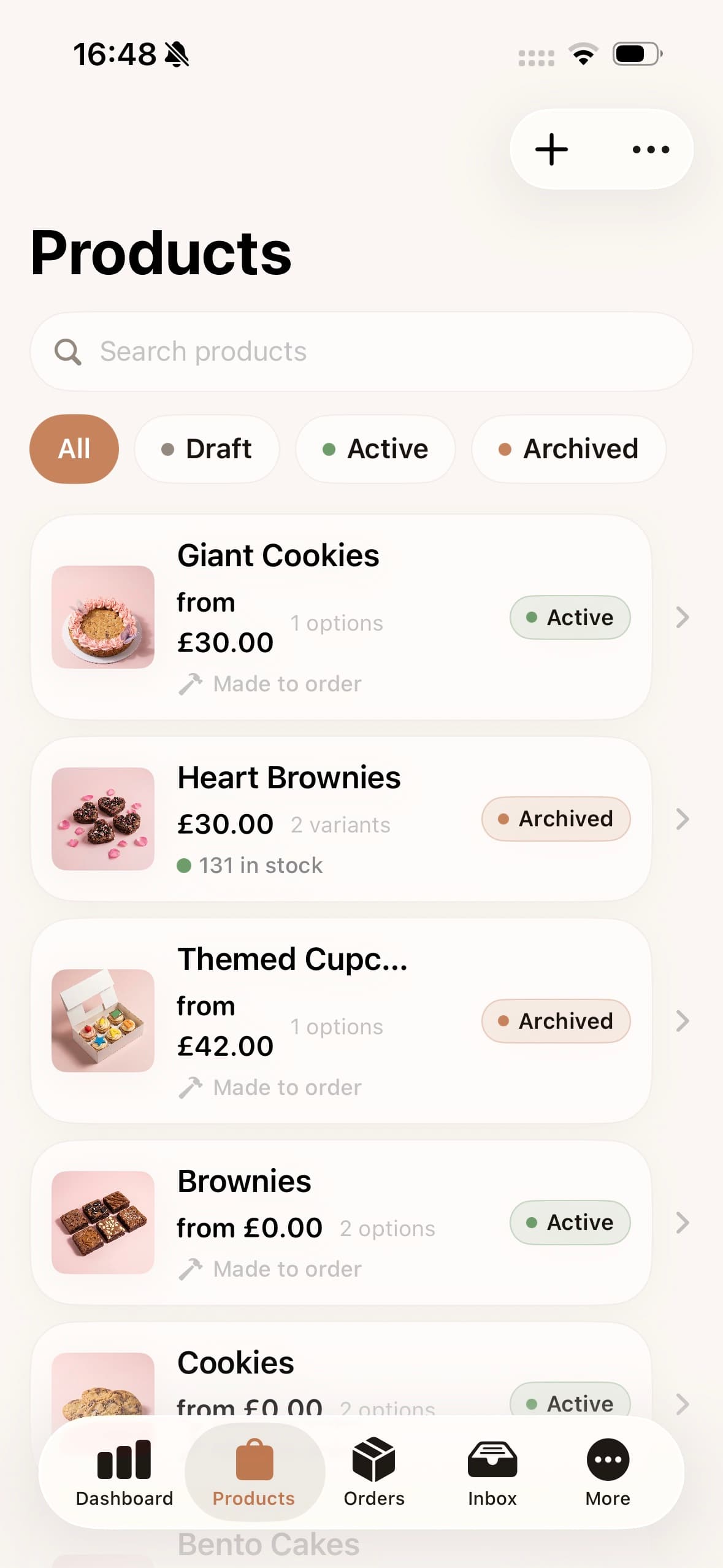 The products list in the russle. Commerce iOS app