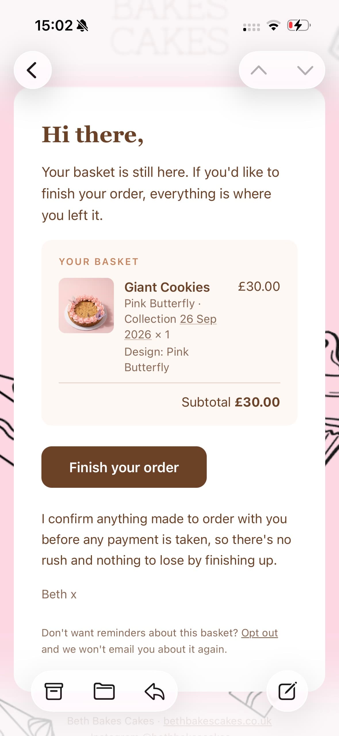 The basket reminder email on a phone, with the saved basket and a button to finish the order