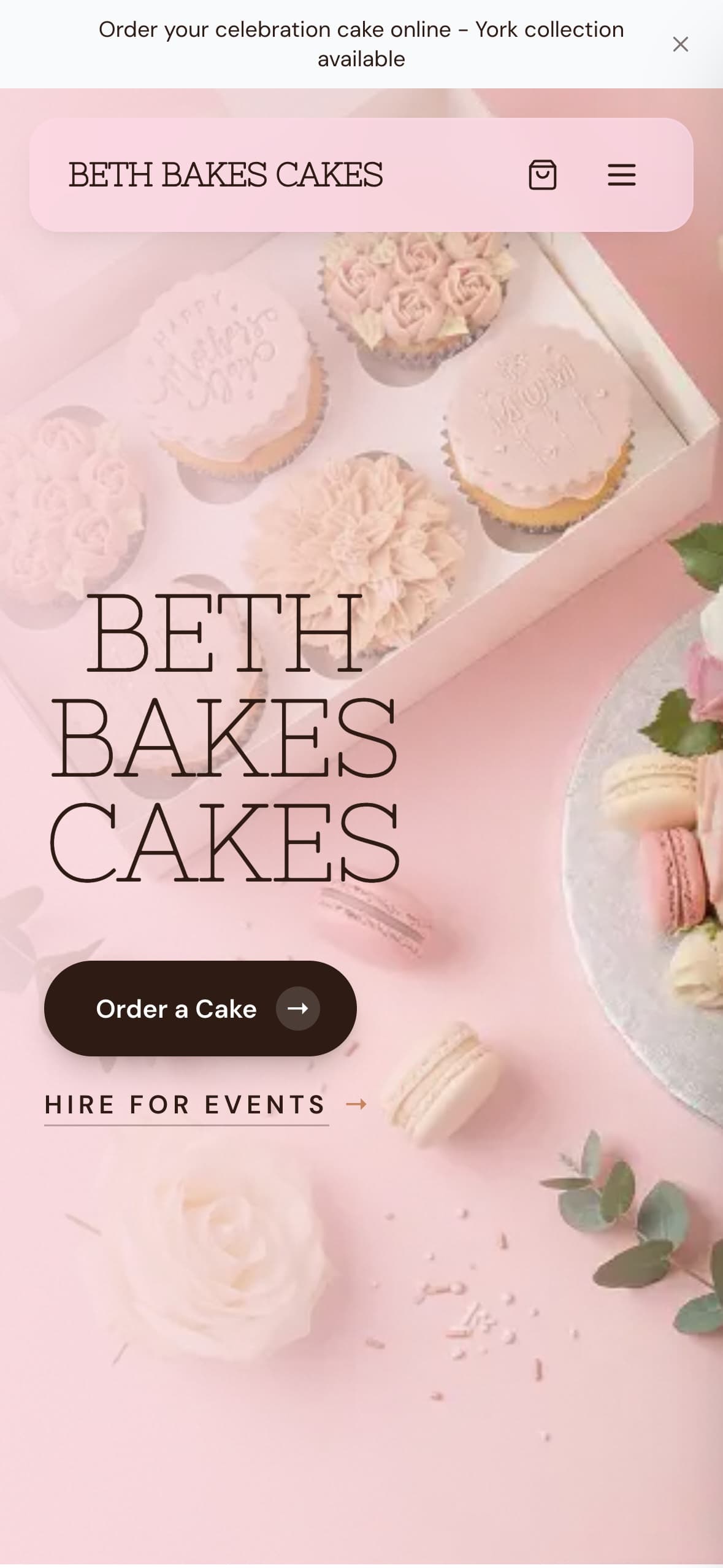 The Beth Bakes Cakes homepage on a phone