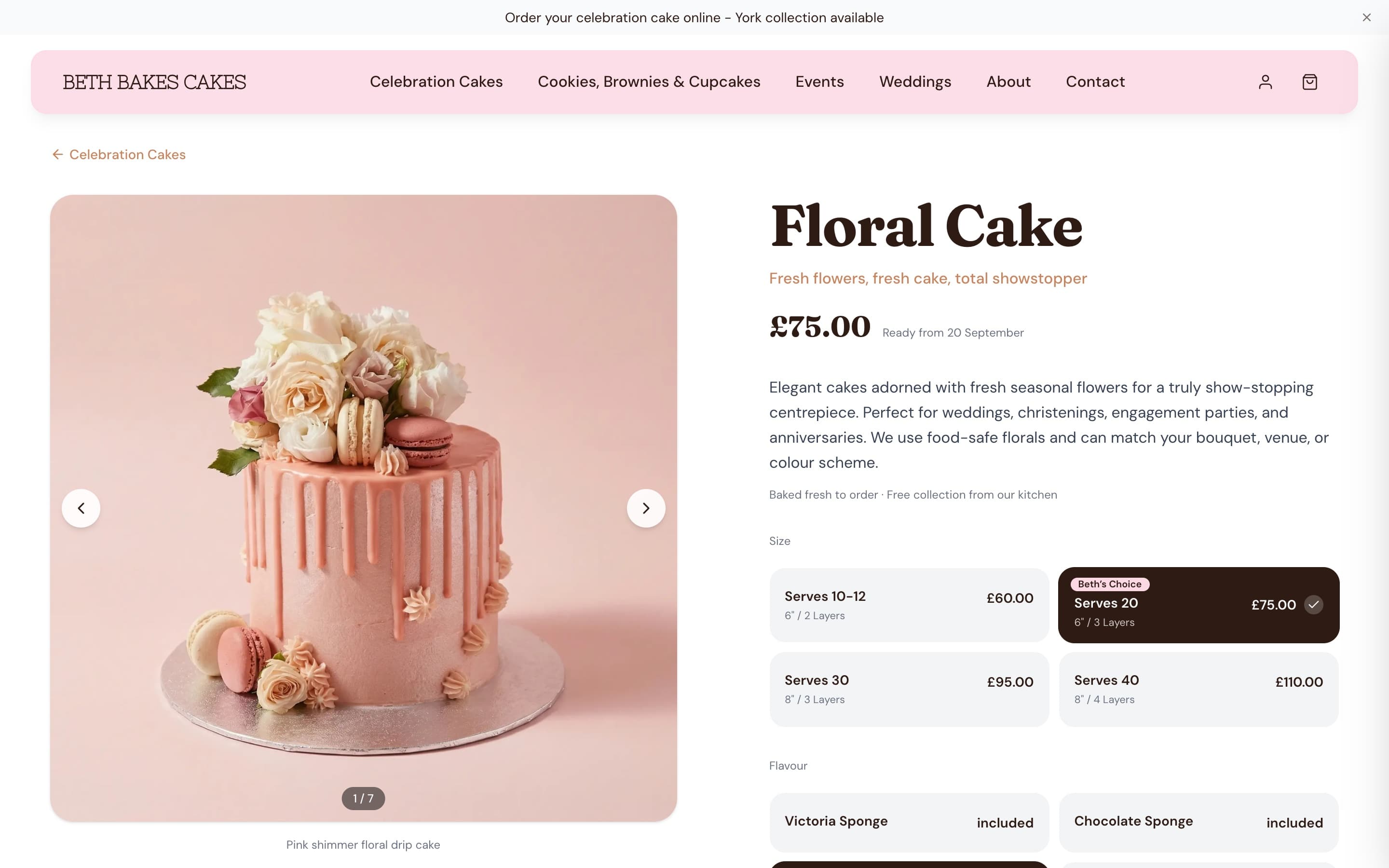 The Floral Cake product page on the Beth Bakes Cakes storefront, with sizes and a ready-from date