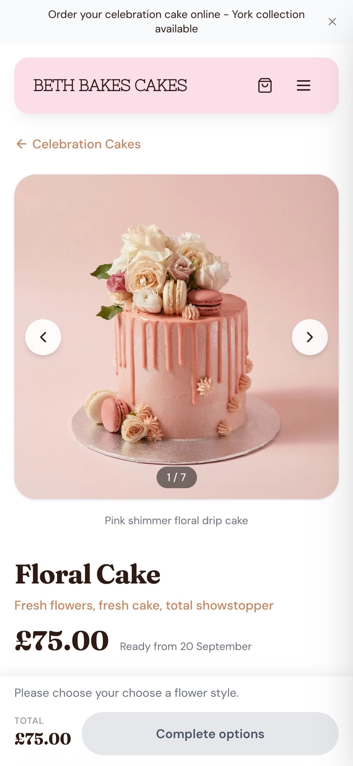 A Beth Bakes Cakes product page on a phone