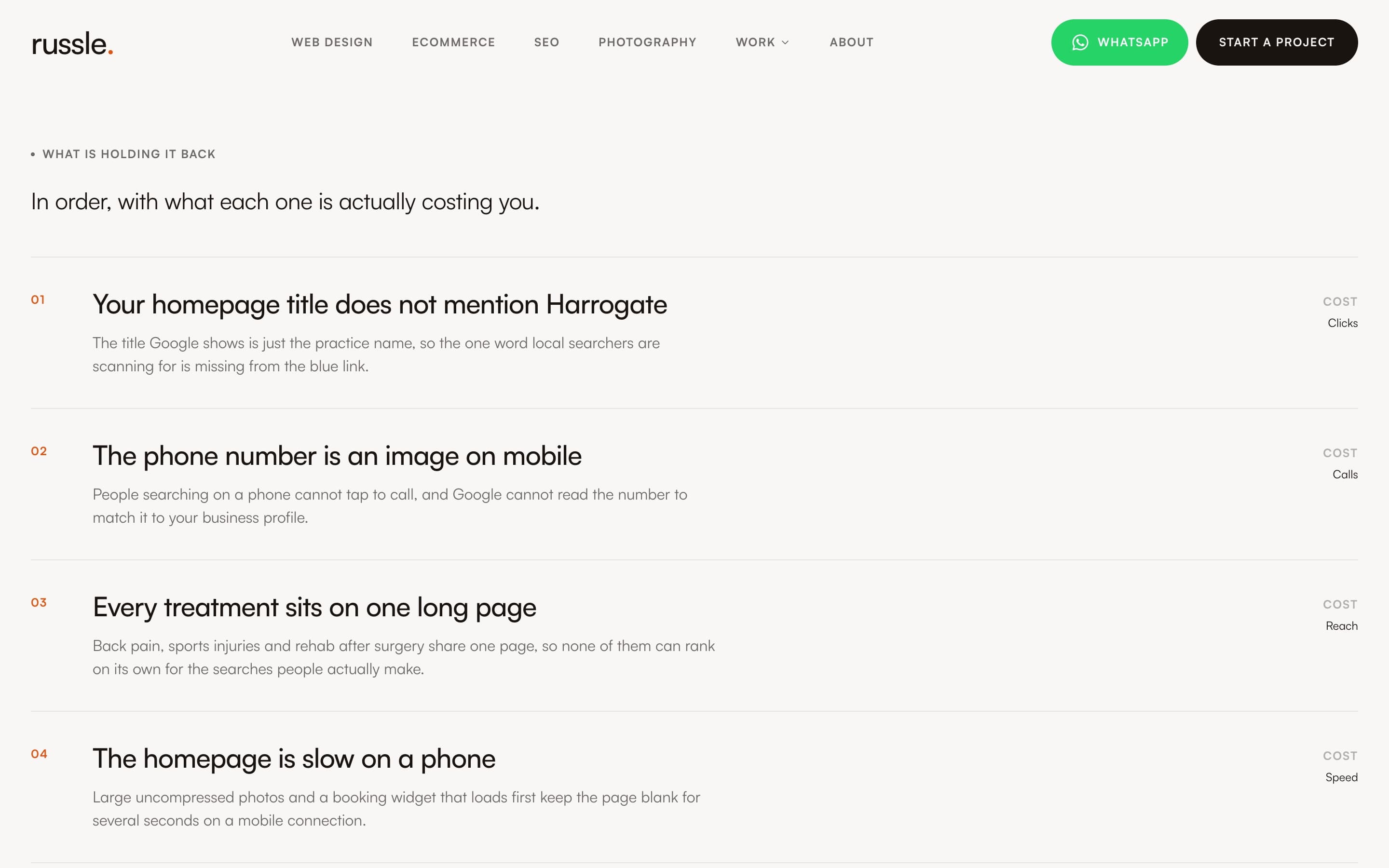 The findings section of a search review, each problem with what it costs