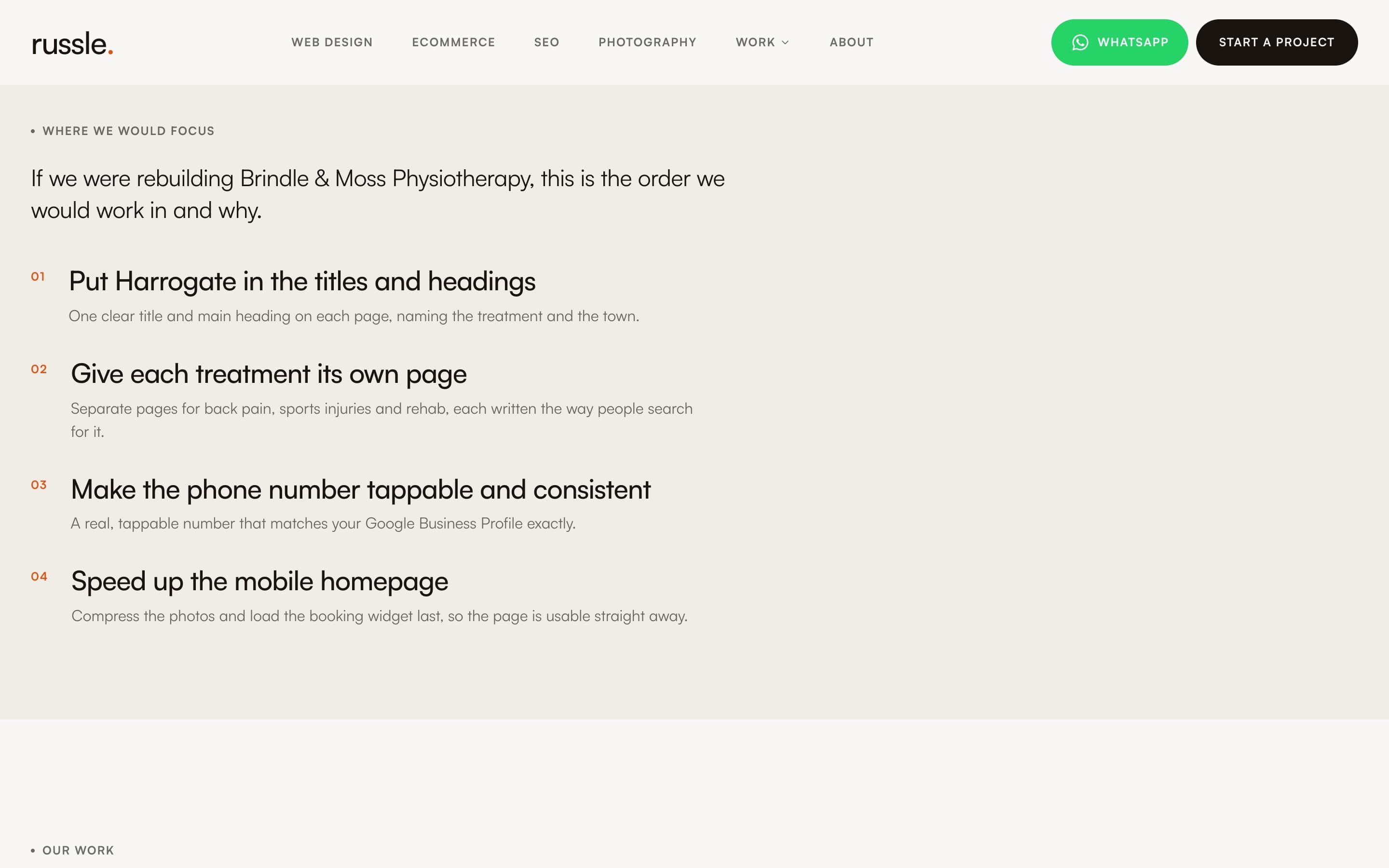 The Where we would focus section of a search review, listing fixes in order
