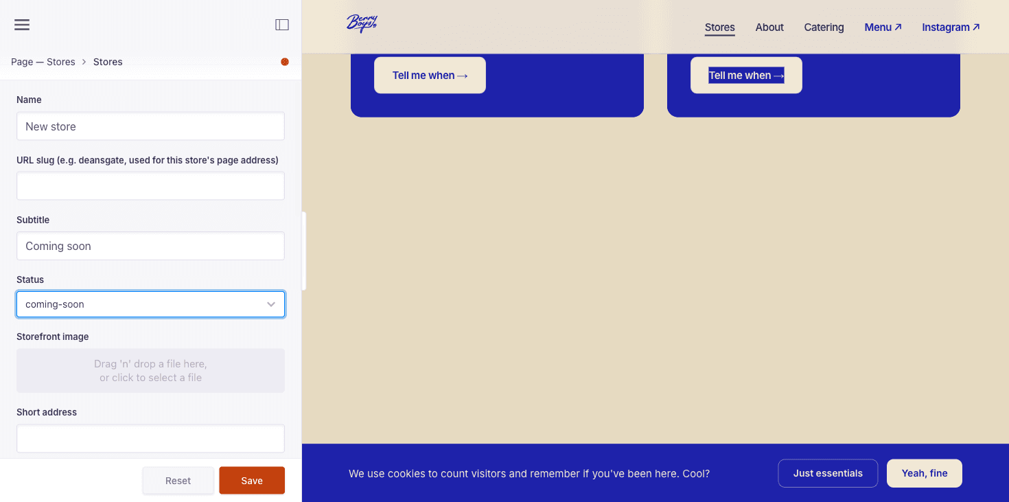 Editing a store inline on the live Berry Boys site