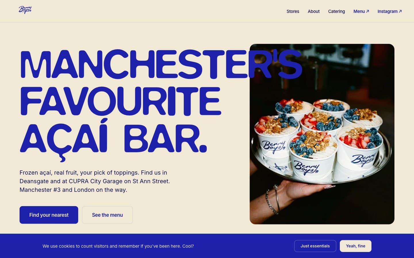 The live Berry Boys homepage, cobalt and cream with a chunky Blur headline