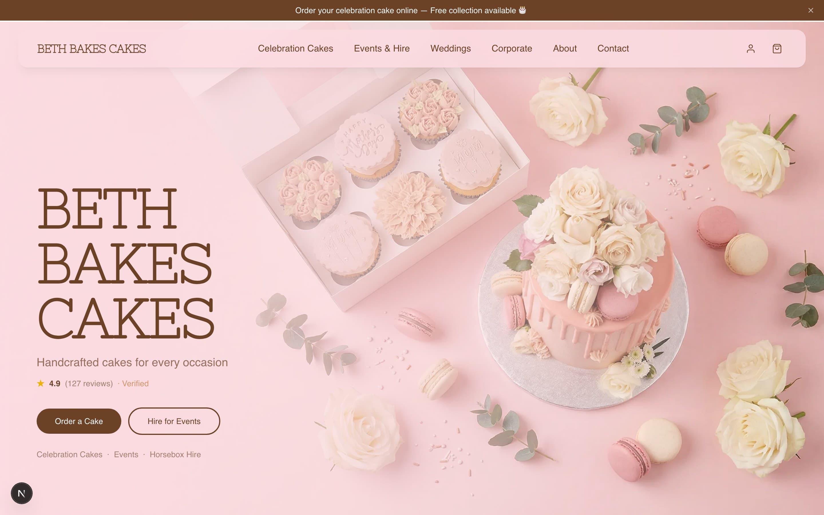 Live storefront, homepage with brand pink hero and Fraunces wordmark