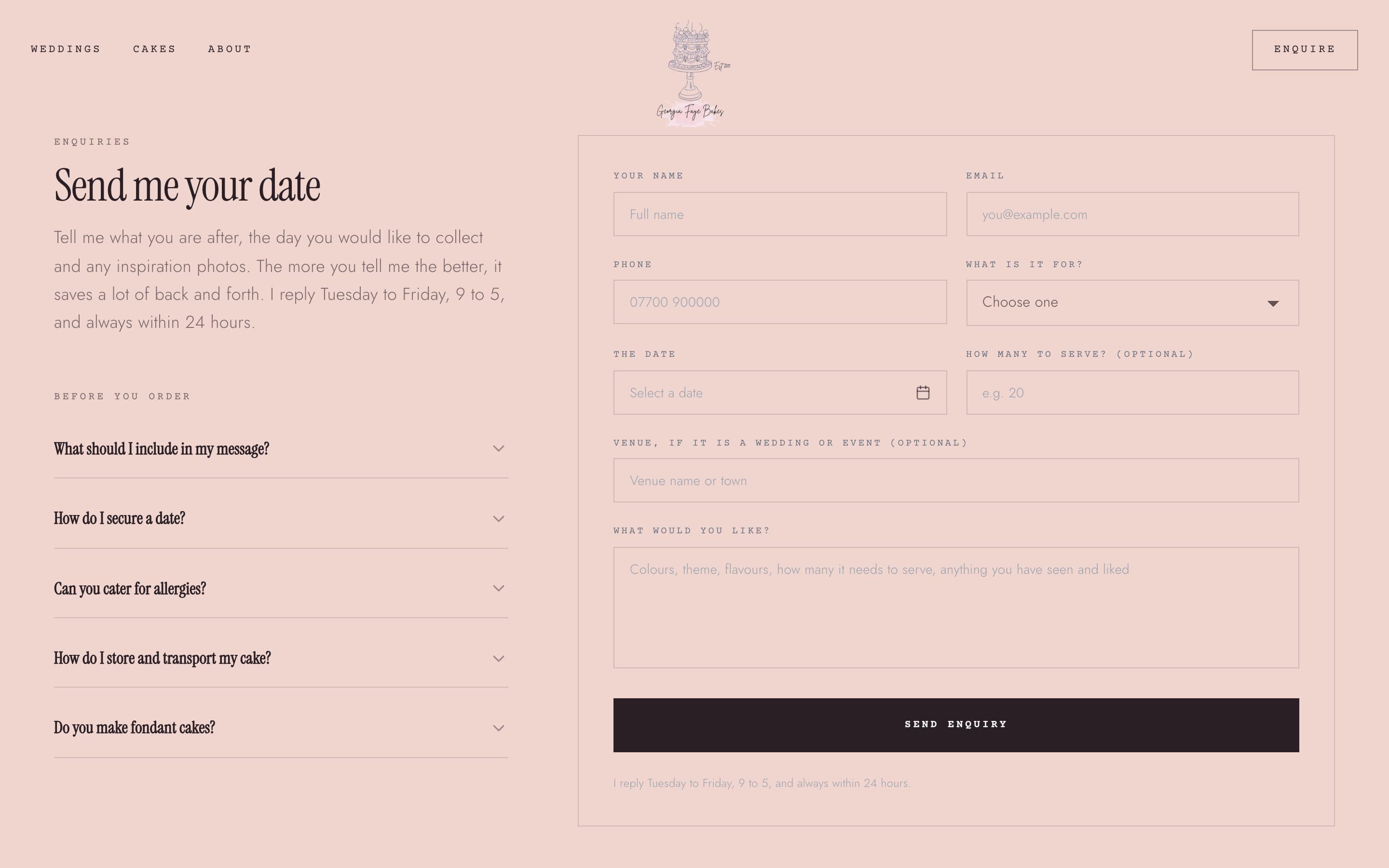 The enquiry form, with date, occasion, guests and venue fields beside common questions