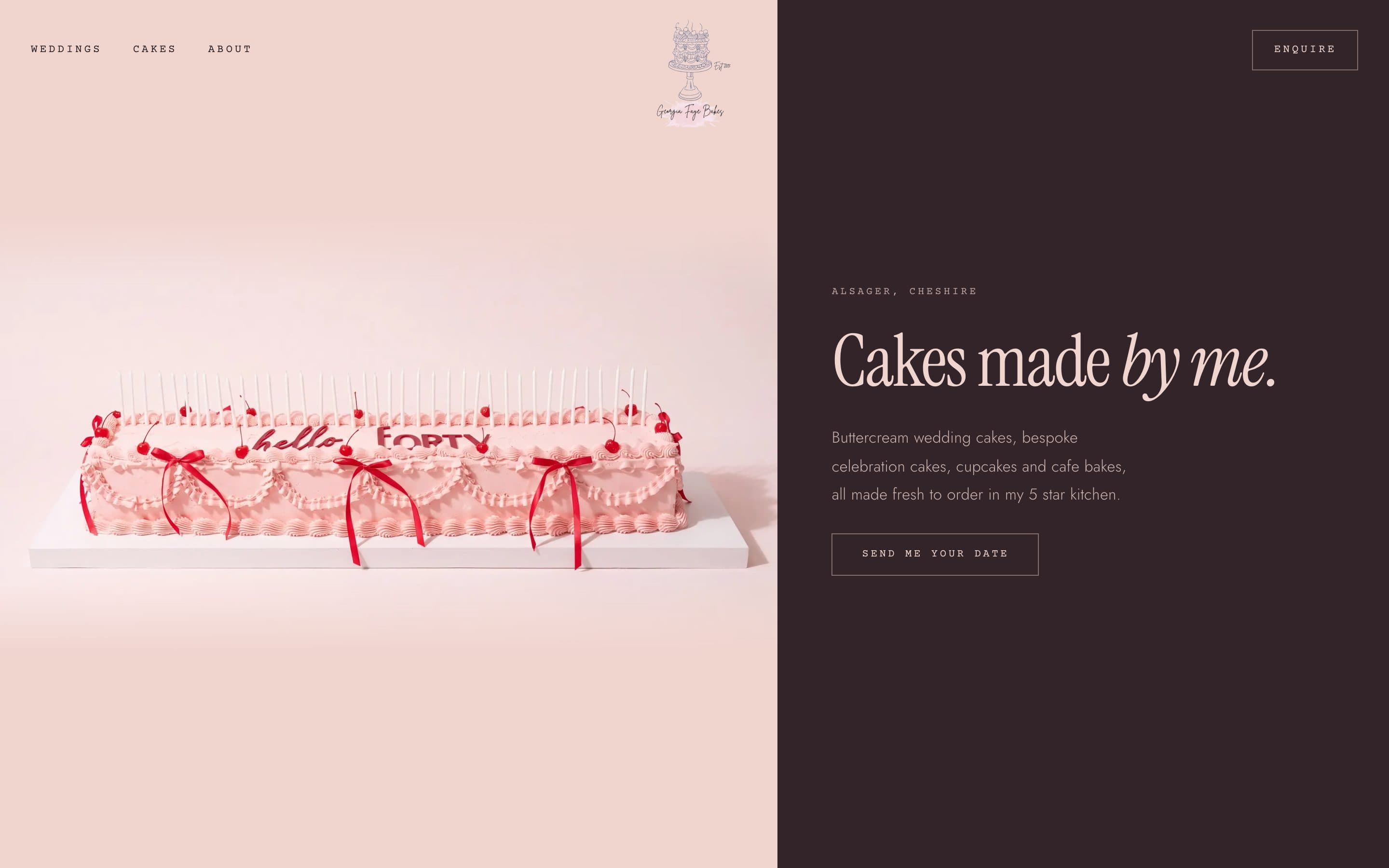 The Georgia Faye Bakes homepage, a long pink Hello Forty cake beside the line Cakes made by me
