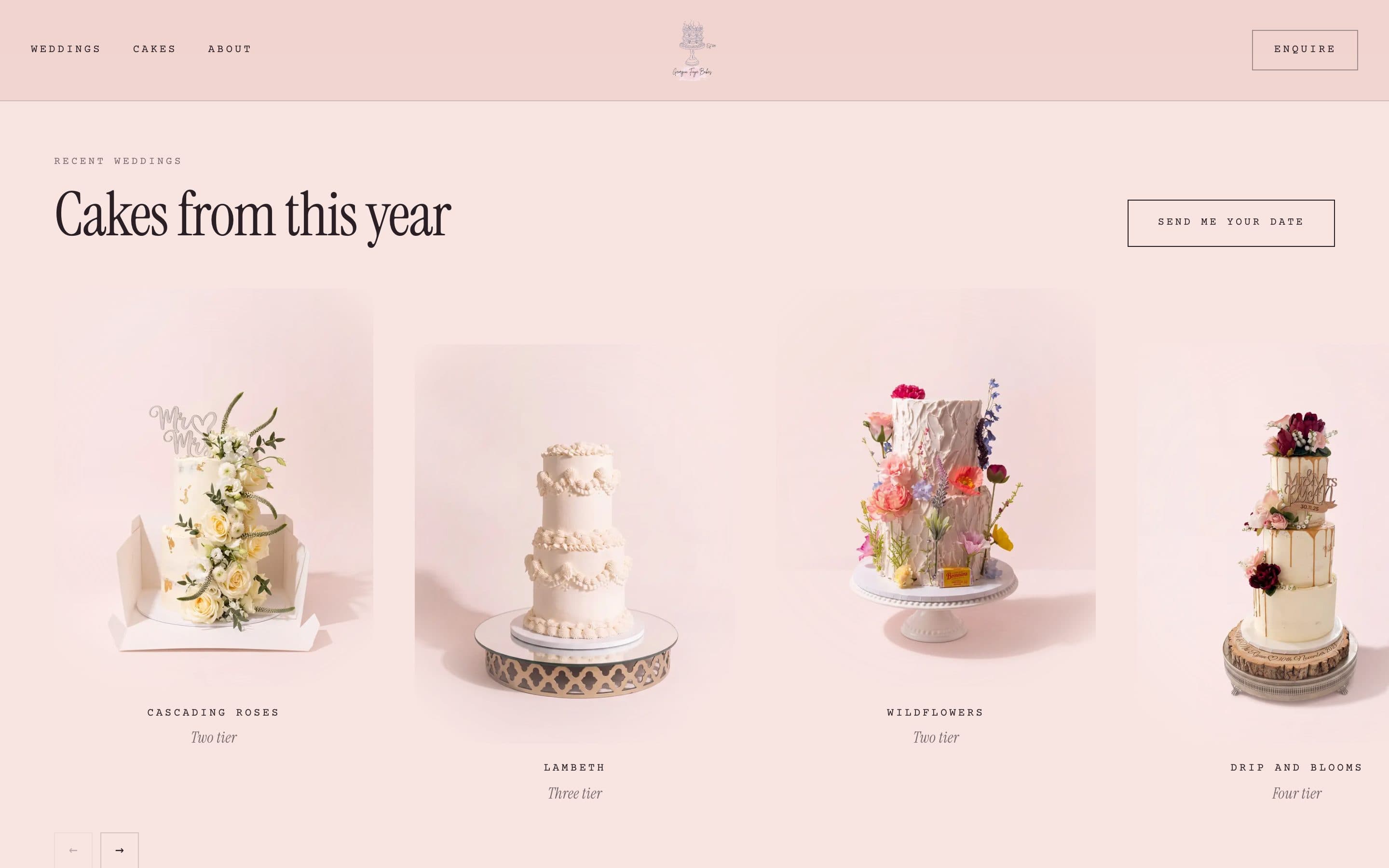 The Recent weddings carousel, four wedding cakes on the same pale pink