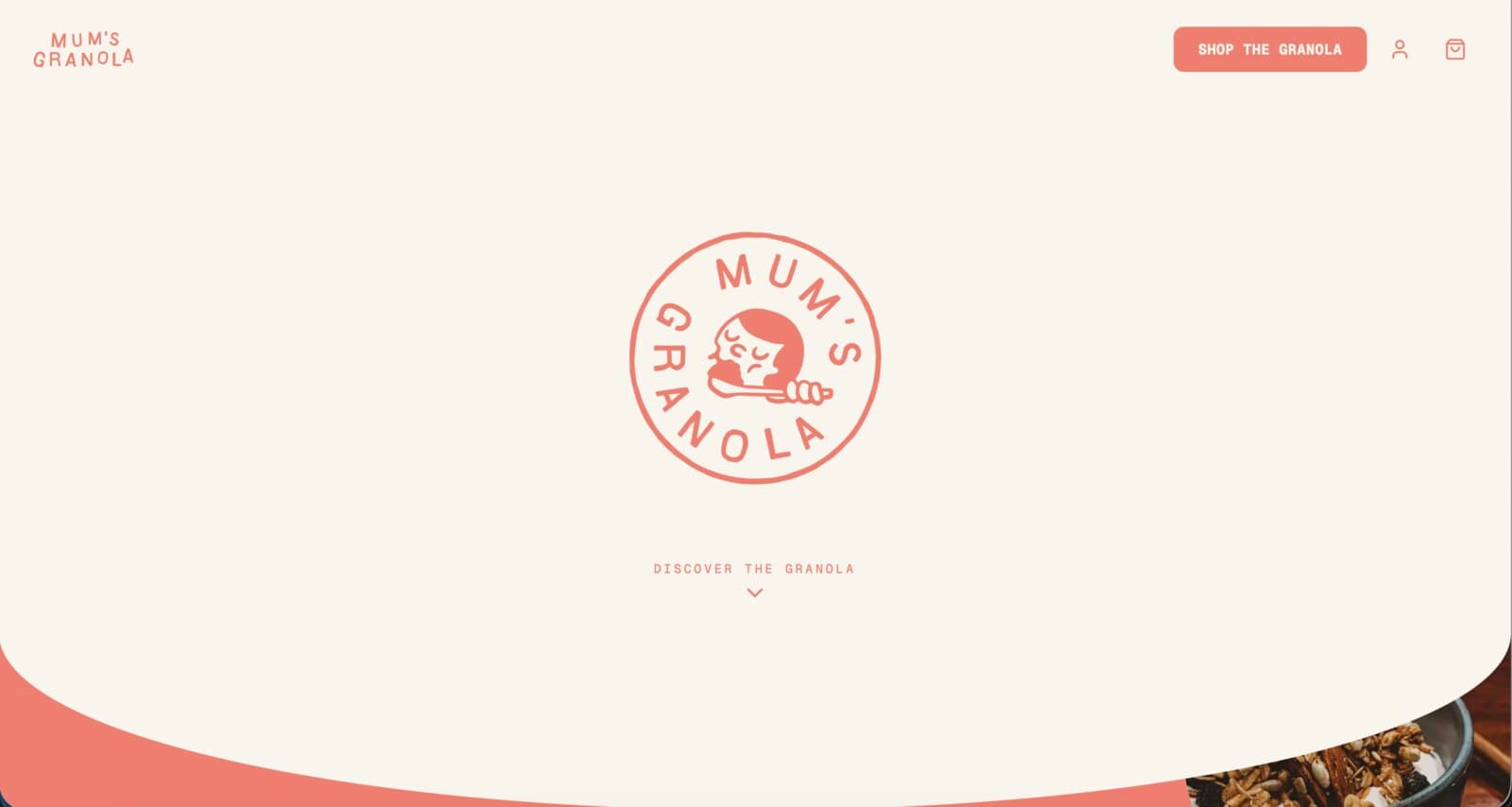 The Mum's Granola opening cover, a milk screen with the circular coral stamp and a discover prompt