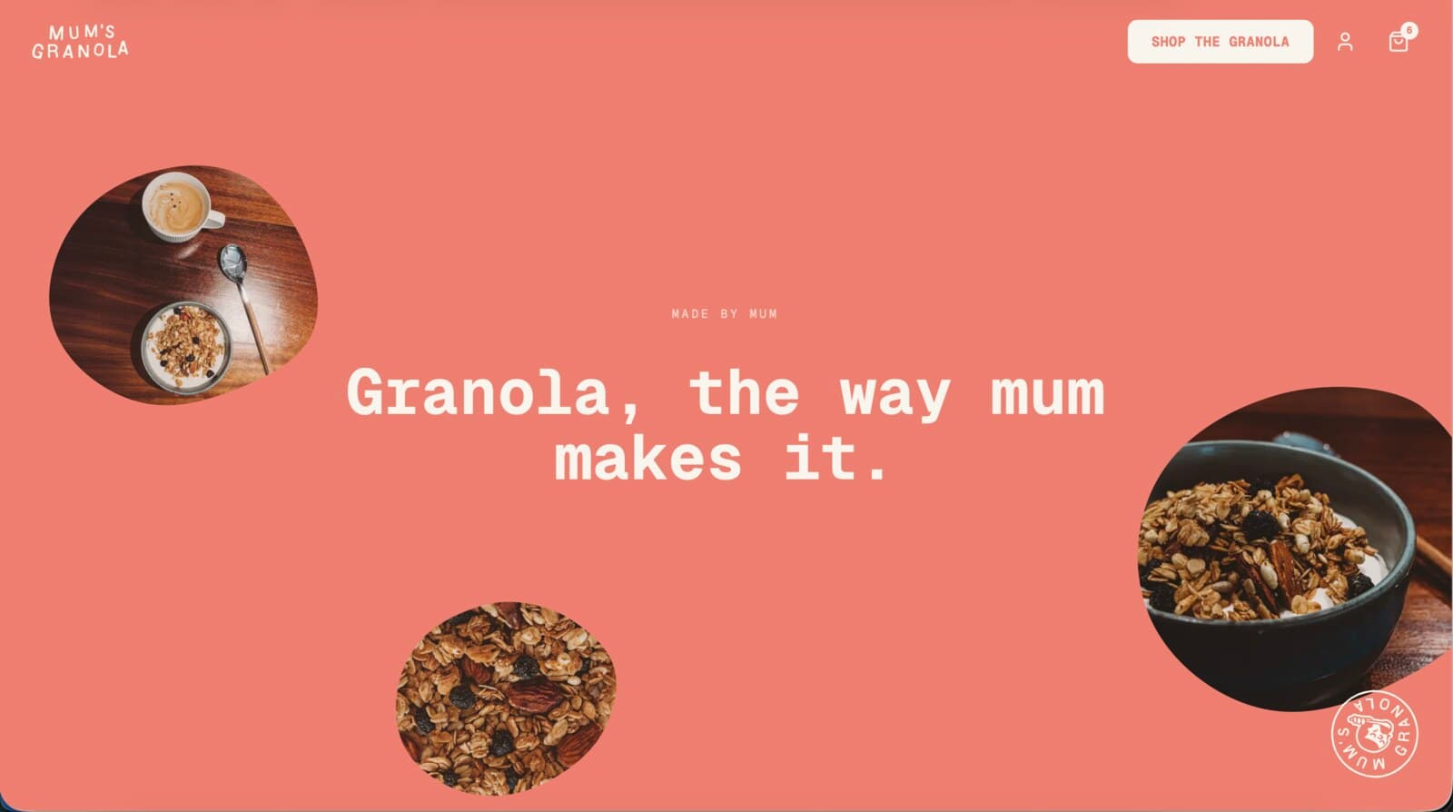 The scroll-led mission section, a coral screen reading 'Granola, the way mum makes it' with granola photos drifting past
