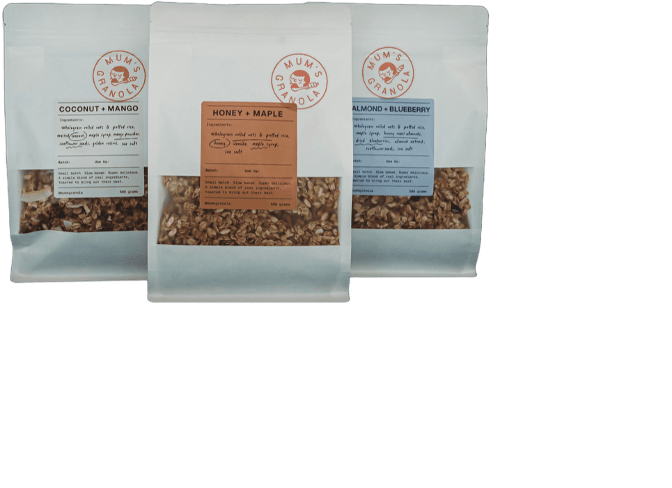The three Mum's Granola flavours: coconut and mango, honey and maple, almond and blueberry