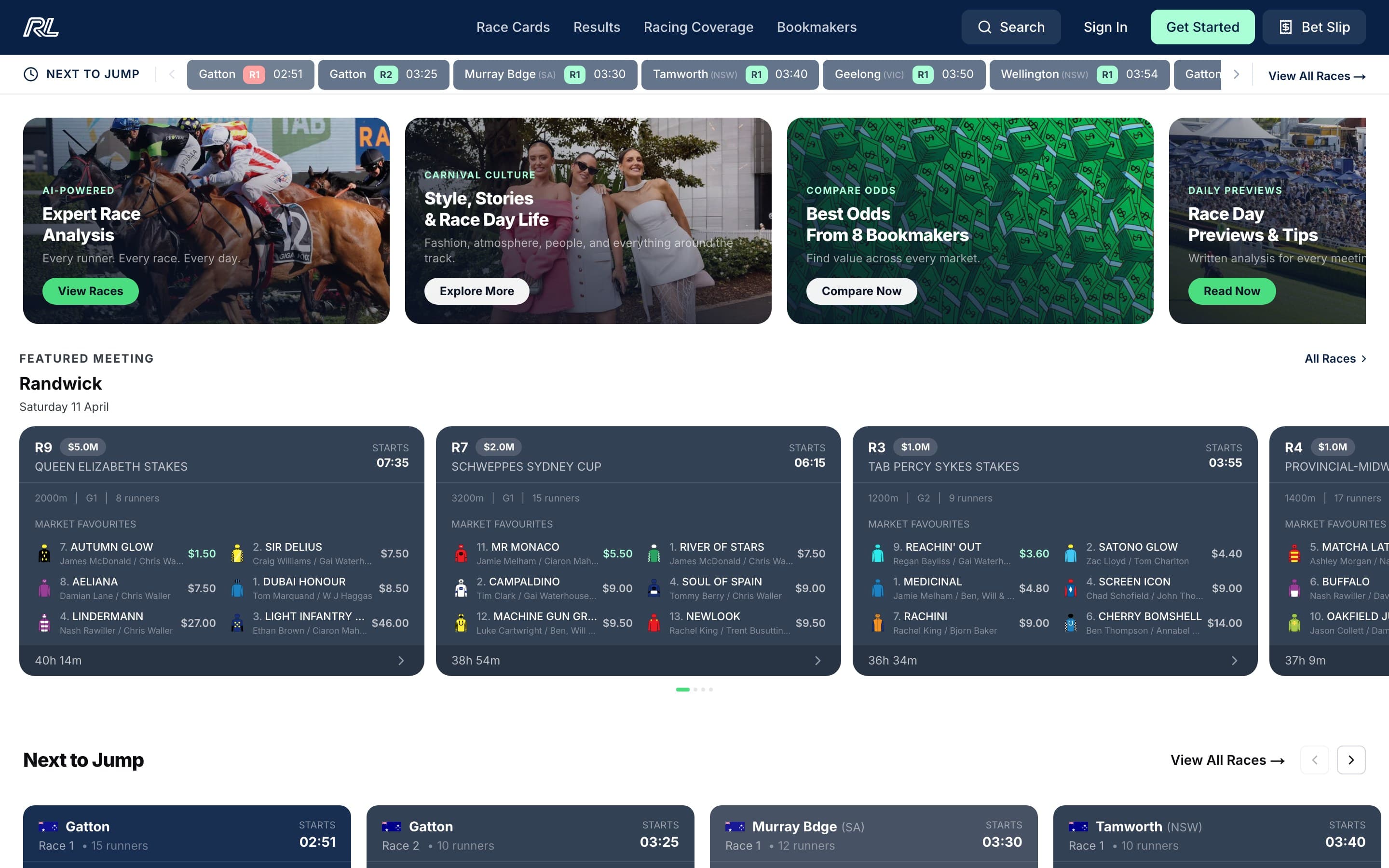 Live homepage, race cards, featured meeting, next-to-jump