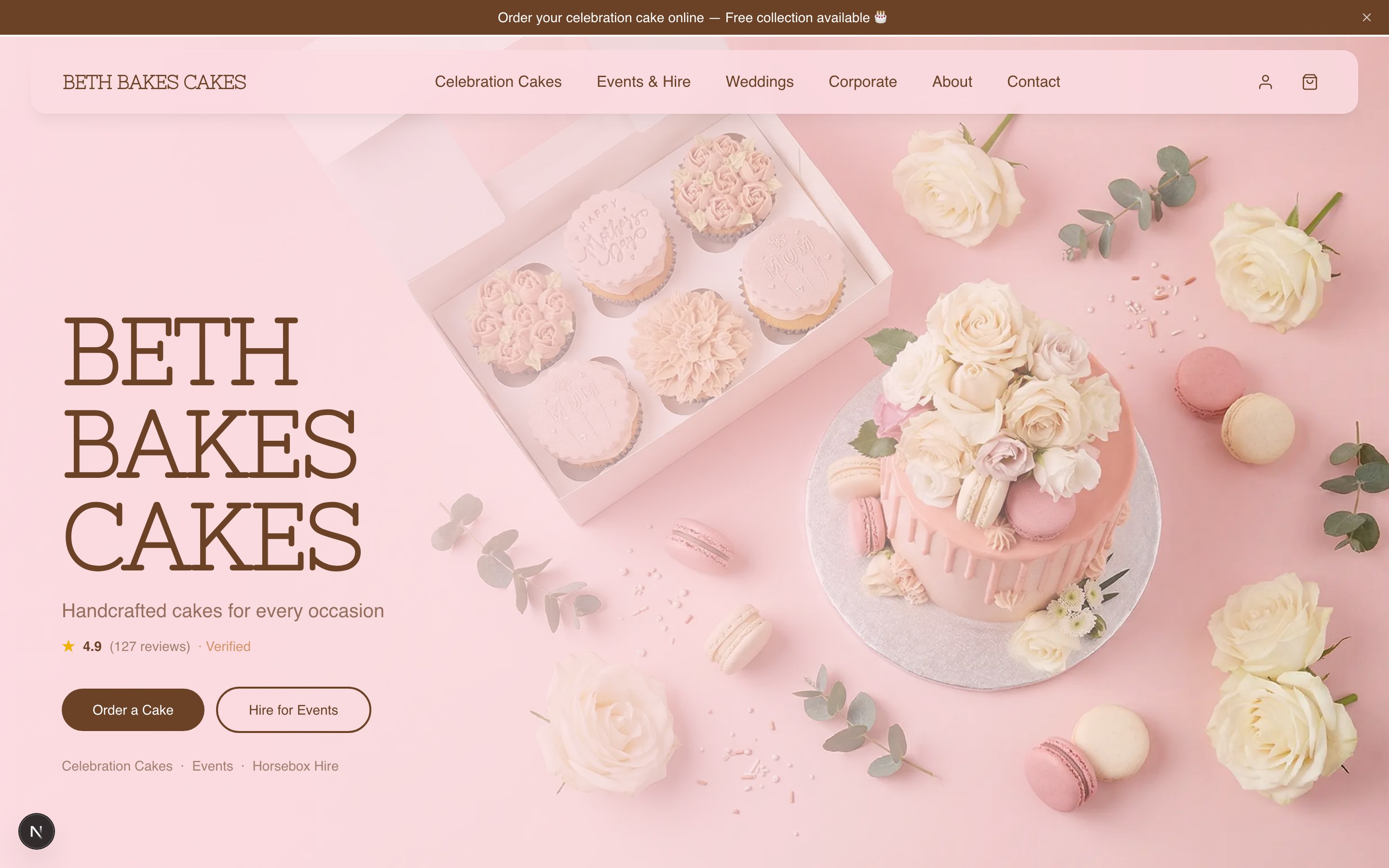 Live storefront — homepage with brand pink hero and Fraunces wordmark
