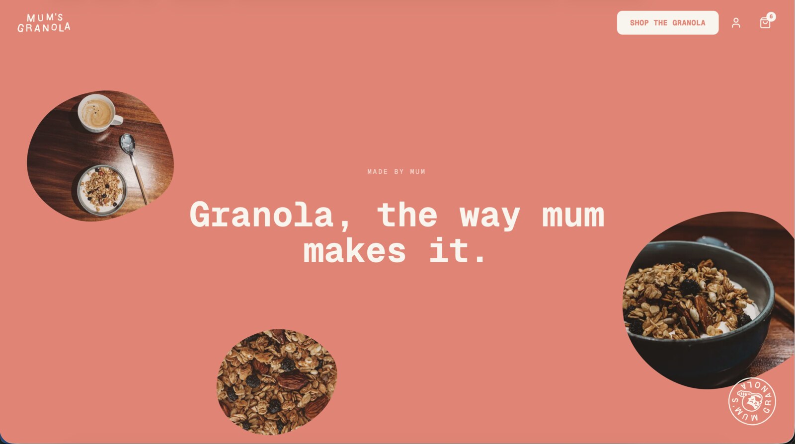 The scroll-led mission section, a coral screen reading 'Granola, the way mum makes it' with granola photos drifting past