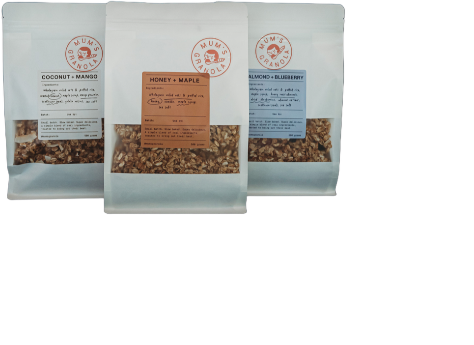 The three Mum's Granola flavours: coconut and mango, honey and maple, almond and blueberry